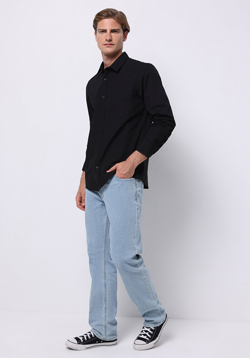 Imagine a Cămașă Slim Fit Gât Drept Bărbați Negru Cămașă Cu Mânecă Lungă