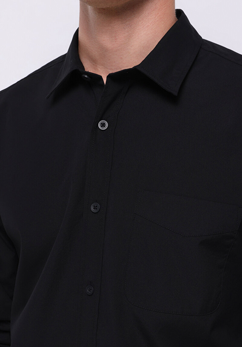 Imagine a Cămașă Slim Fit Gât Drept Bărbați Negru Cămașă Cu Mânecă Lungă