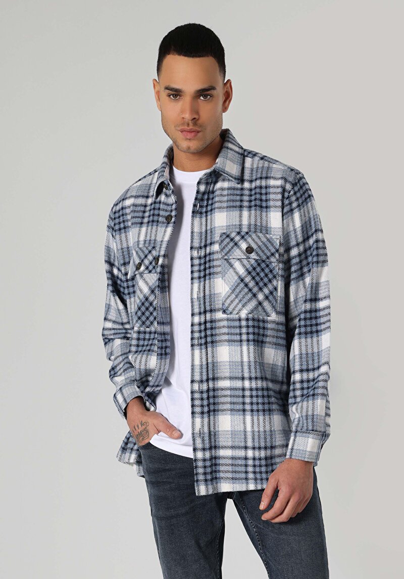 Imagine a Cămașă Comfort Fit Gât În Carouri Cămașă Albastră Cu Mânecă Lungă Pentru Bărbați