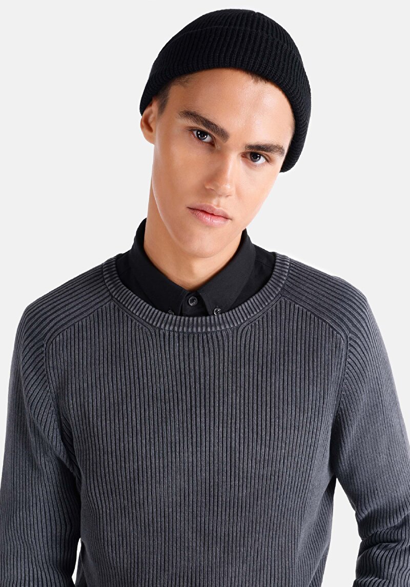 Afișați detalii pentru Pulover Slim Fit Round Neck Jacquard Bărbați Antracit