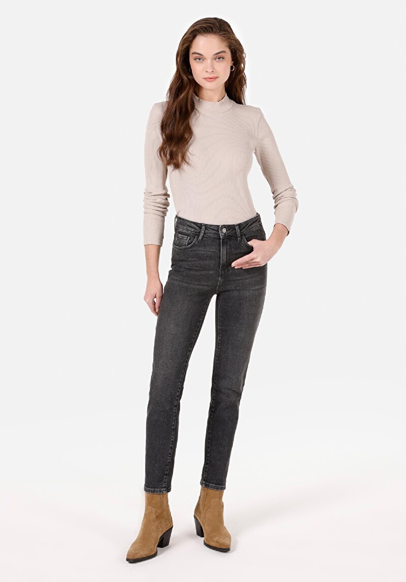 Afișați detalii pentru Slim Fit Talie Medie Picior Îngust Blugi İndigo Pentru Femei