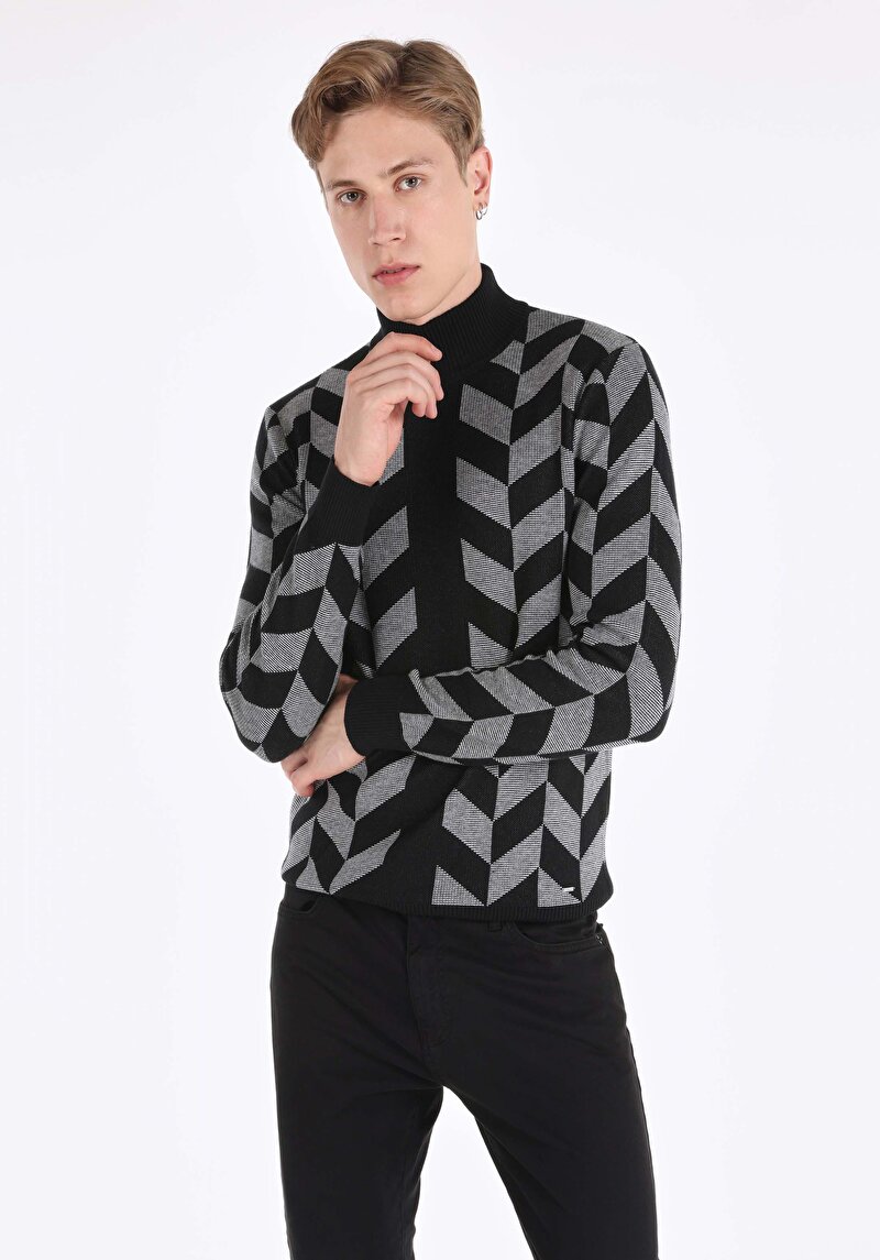 Imagine a Pulover Negru Pentru Bărbați Slim Fit Turtle Neck Printed
