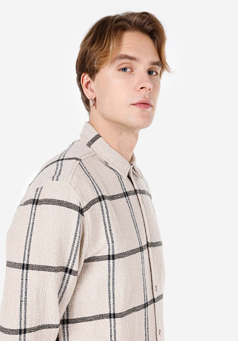 Afișați detalii pentru Cămașă Cu Gât İmprimat Cămașă Cu Mânecă Lungă Ecru Pentru Bărbați