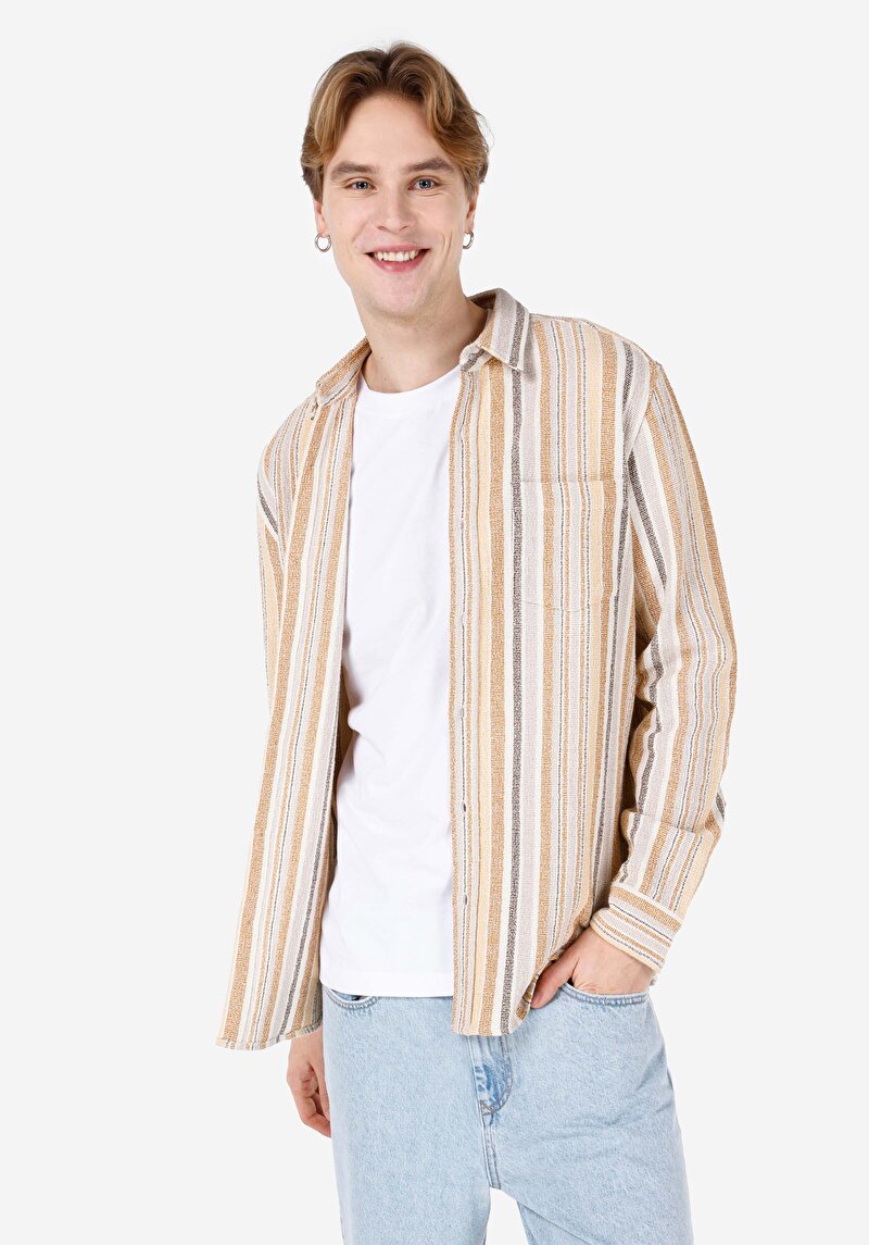 Imagine a Cămașă Cu Dungi Cu Dungi Cămașă Cu Mânecă Lungă Maro Pentru Bărbați