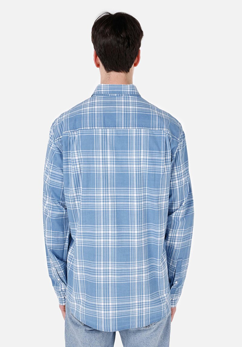 Afișați detalii pentru Cămașă Cu Gât În Carouri Cămașă Albastră Cu Mânecă Lungă Pentru Bărbați