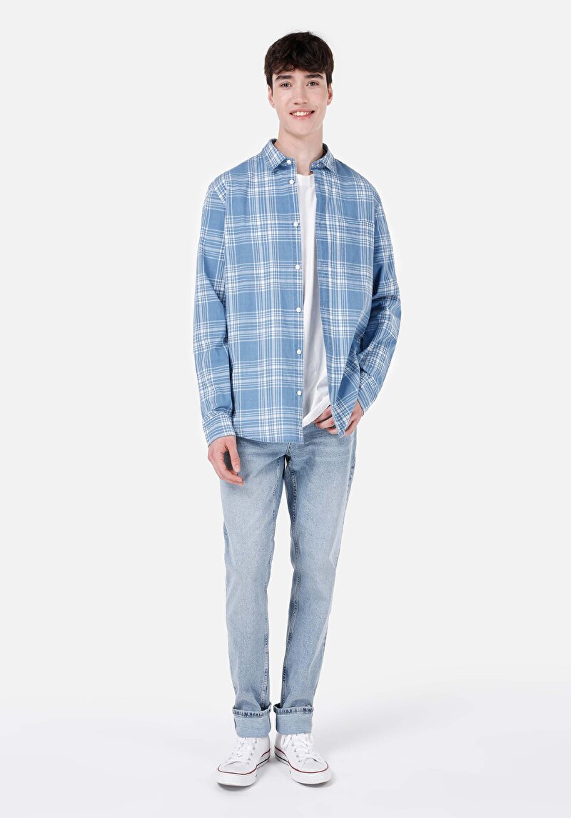 Afișați detalii pentru Cămașă Cu Gât În Carouri Cămașă Albastră Cu Mânecă Lungă Pentru Bărbați