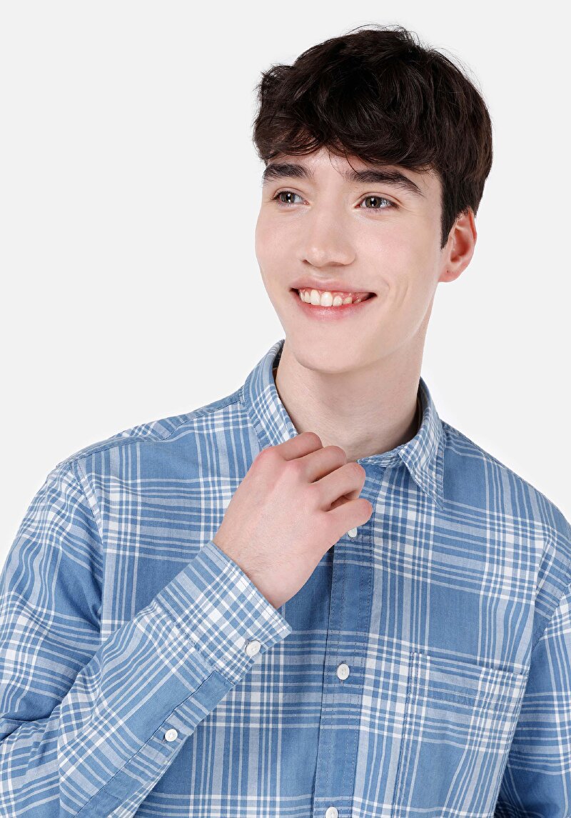 Afișați detalii pentru Cămașă Cu Gât În Carouri Cămașă Albastră Cu Mânecă Lungă Pentru Bărbați