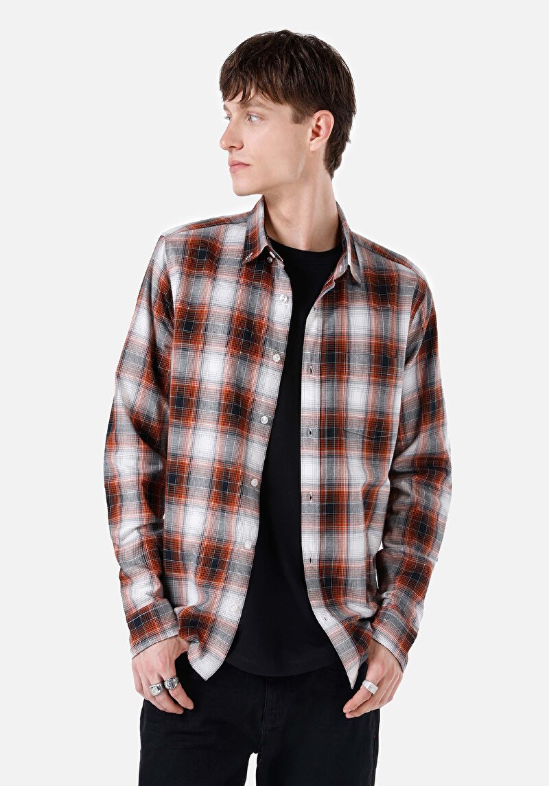 Imagine a Cămașă Slim Fit Gât În Carouri Cămașă Portocalie Cu Mânecă Lungă Pentru Bărbați