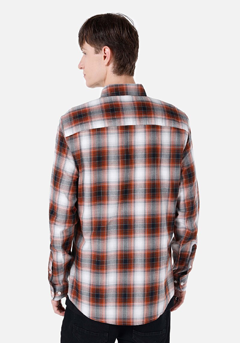 Imagine a Cămașă Slim Fit Gât În Carouri Cămașă Portocalie Cu Mânecă Lungă Pentru Bărbați