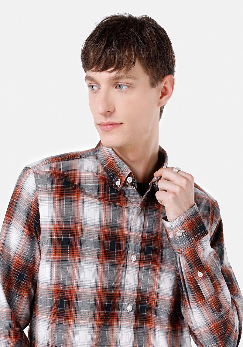 Afișați detalii pentru Cămașă Slim Fit Gât În Carouri Cămașă Portocalie Cu Mânecă Lungă Pentru Bărbați