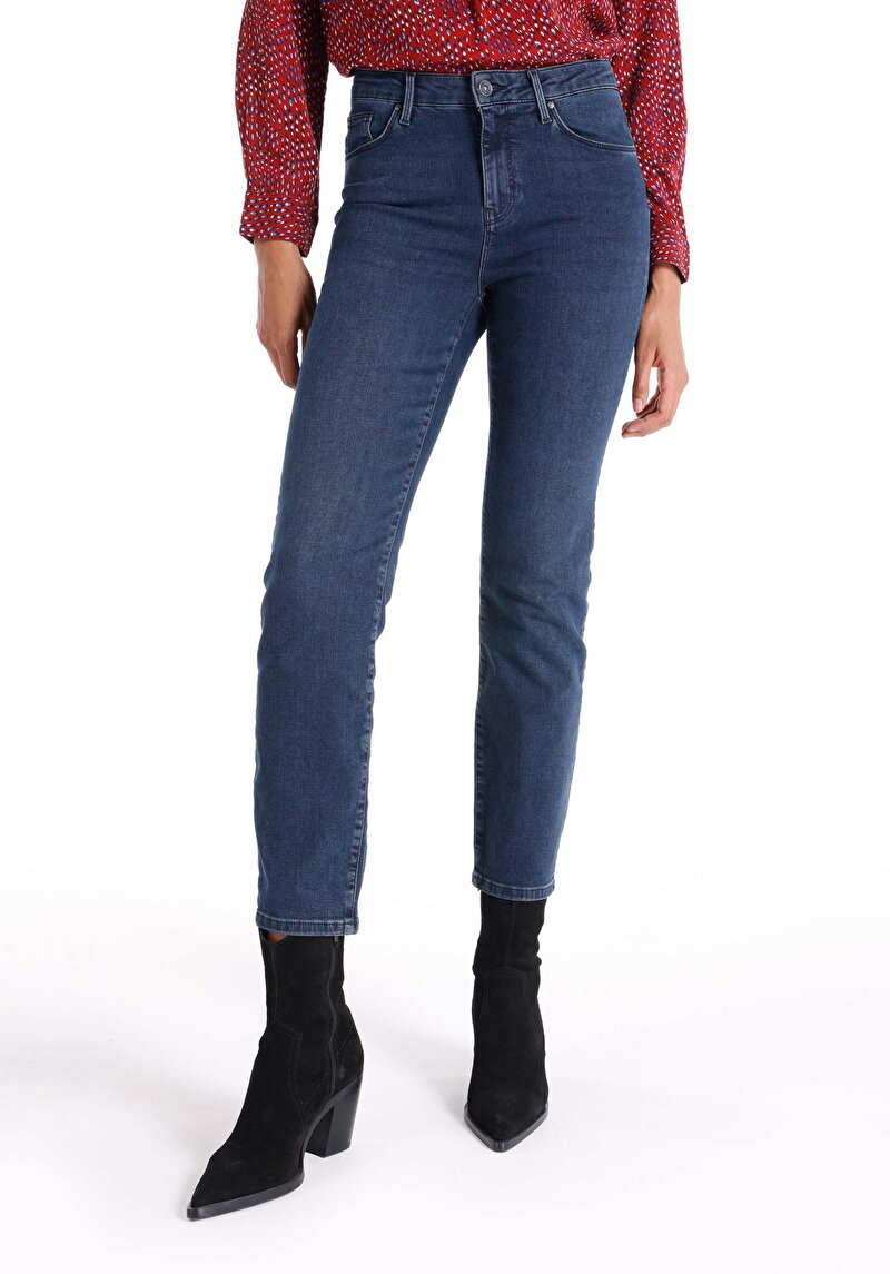 Afișați detalii pentru Slim Fit Mid Waist Straight Leg Blugi İndigo Pentru Femei