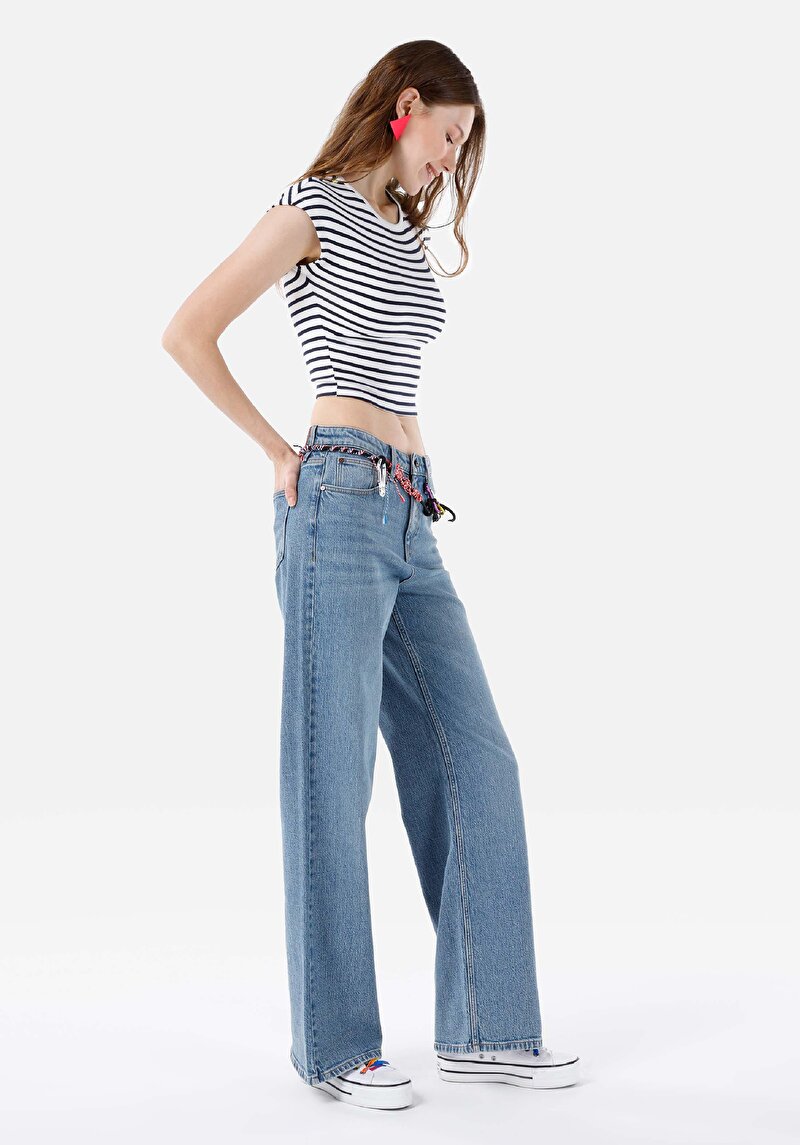 Afișați detalii pentru Regular Fit Talie Înaltă Picior Larg Blugi İndigo Pentru Femei