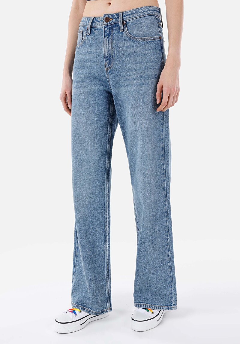 Afișați detalii pentru Regular Fit Talie Înaltă Picior Larg Blugi İndigo Pentru Femei