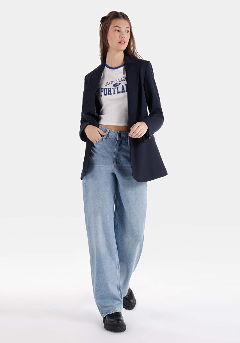 Imagine a Regular Fit Talie Înaltă Picior Larg Blugi İndigo Pentru Femei