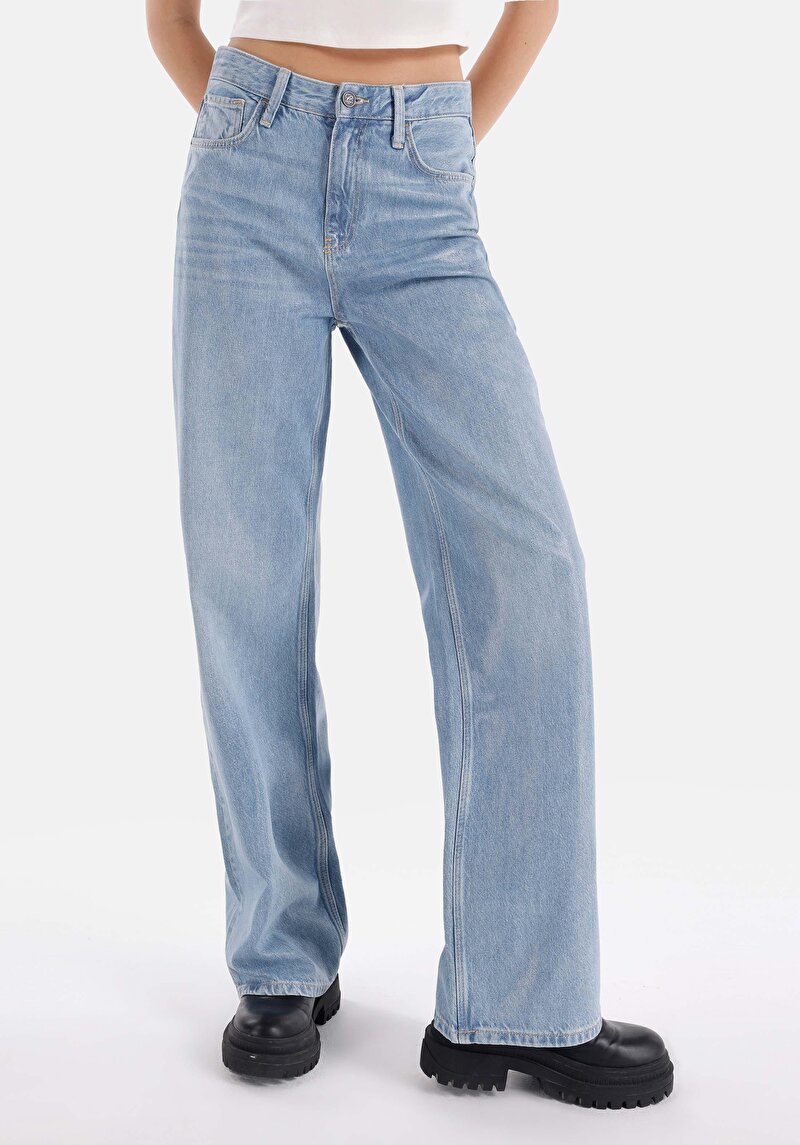 Afișați detalii pentru Regular Fit Talie Înaltă Picior Larg Blugi İndigo Pentru Femei