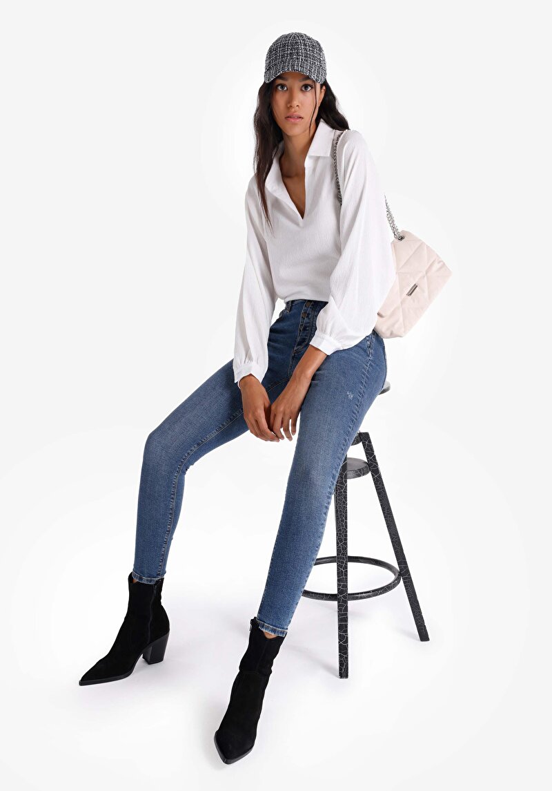 Afișați detalii pentru Skinny Fit Mid Waist Narrow Leg Blugi İndigo Pentru Femei