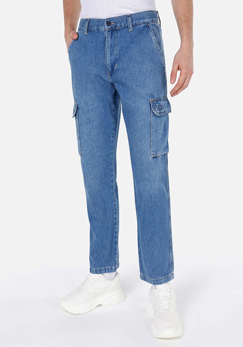 Afișați detalii pentru Cargo Fit Talie Medie Picior Drept Blugi İndigo Pentru Bărbați