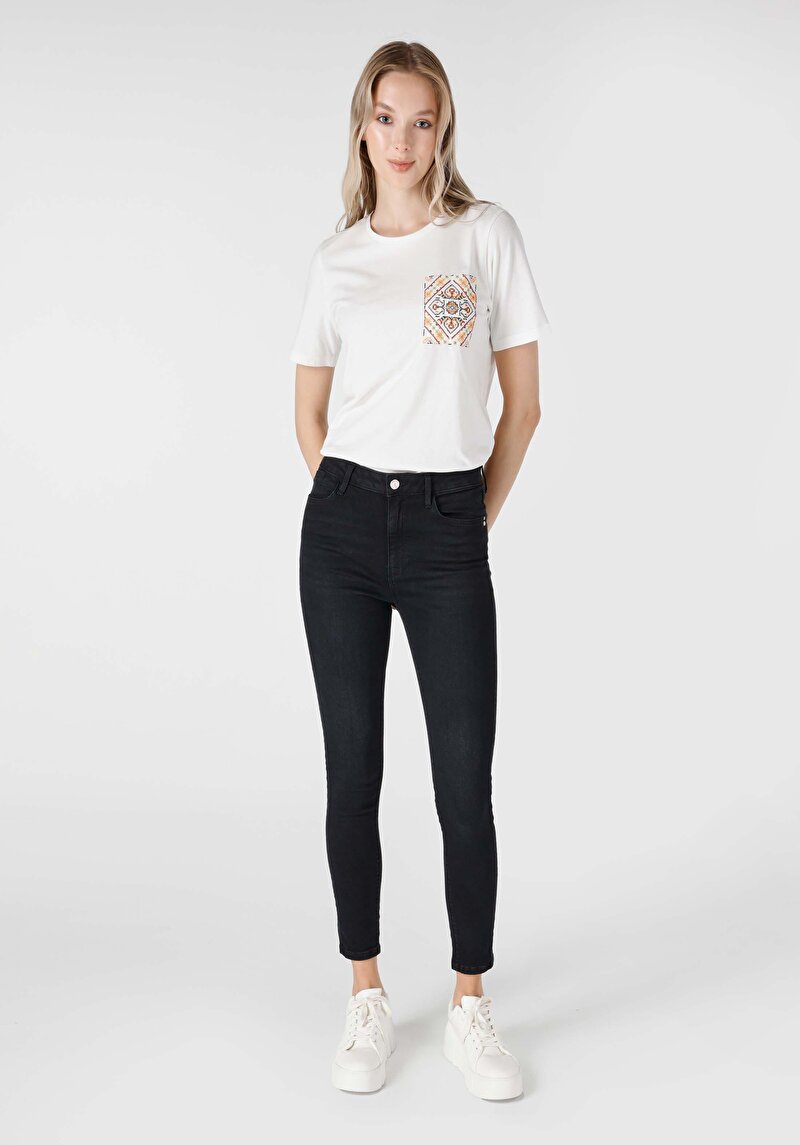 Imagine a Skinny Fit Talie Medie Picior Îngust Blugi Negri Pentru Femei