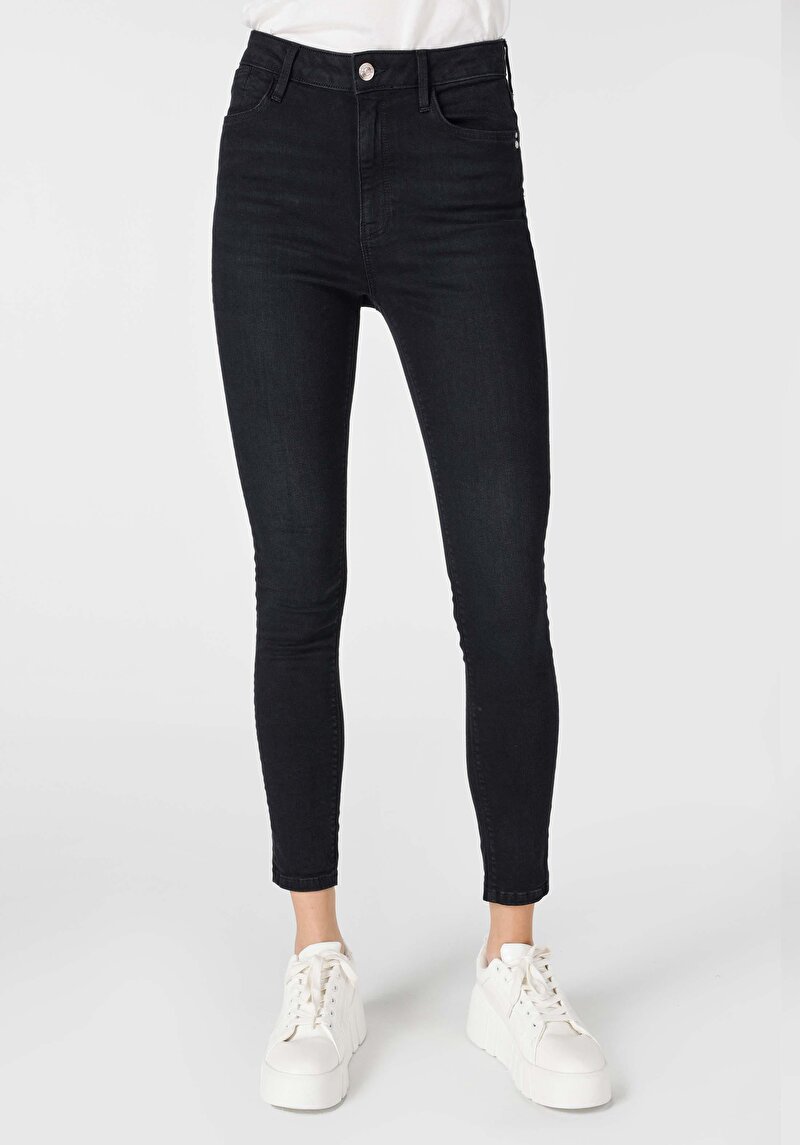 Imagine a Skinny Fit Talie Medie Picior Îngust Blugi Negri Pentru Femei