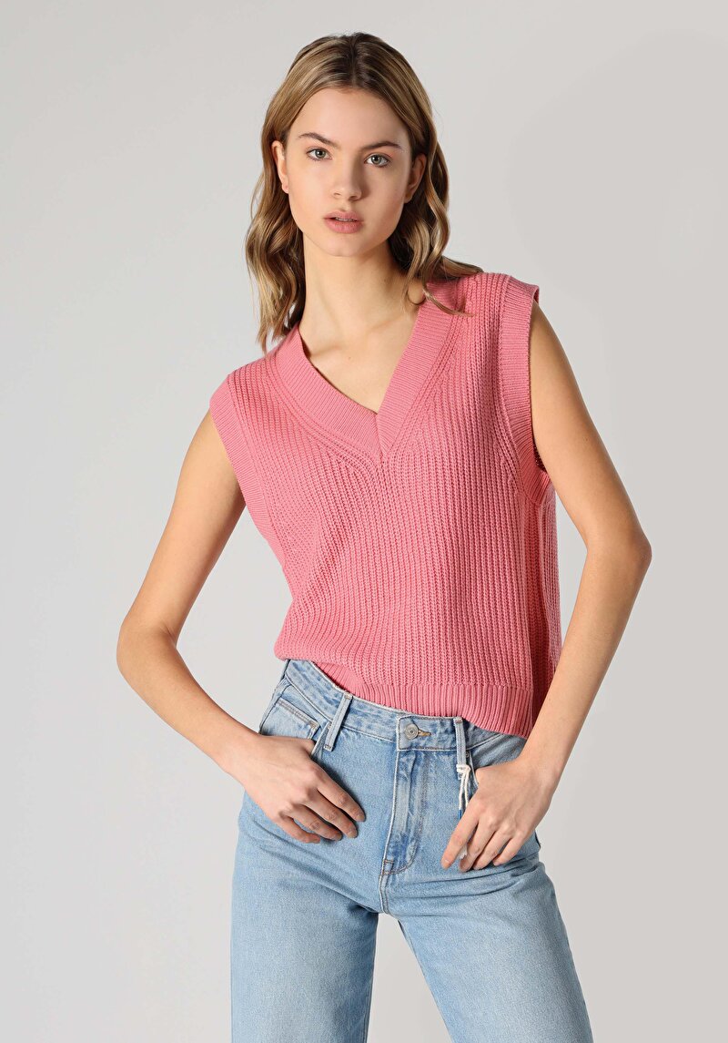 Imagine a Pulover Roz Pentru Femei Cu Decolteu În V Cu Decolteu În V