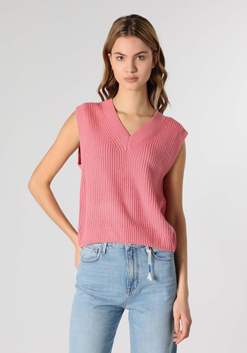 Imagine a Pulover Roz Pentru Femei Cu Decolteu În V Cu Decolteu În V
