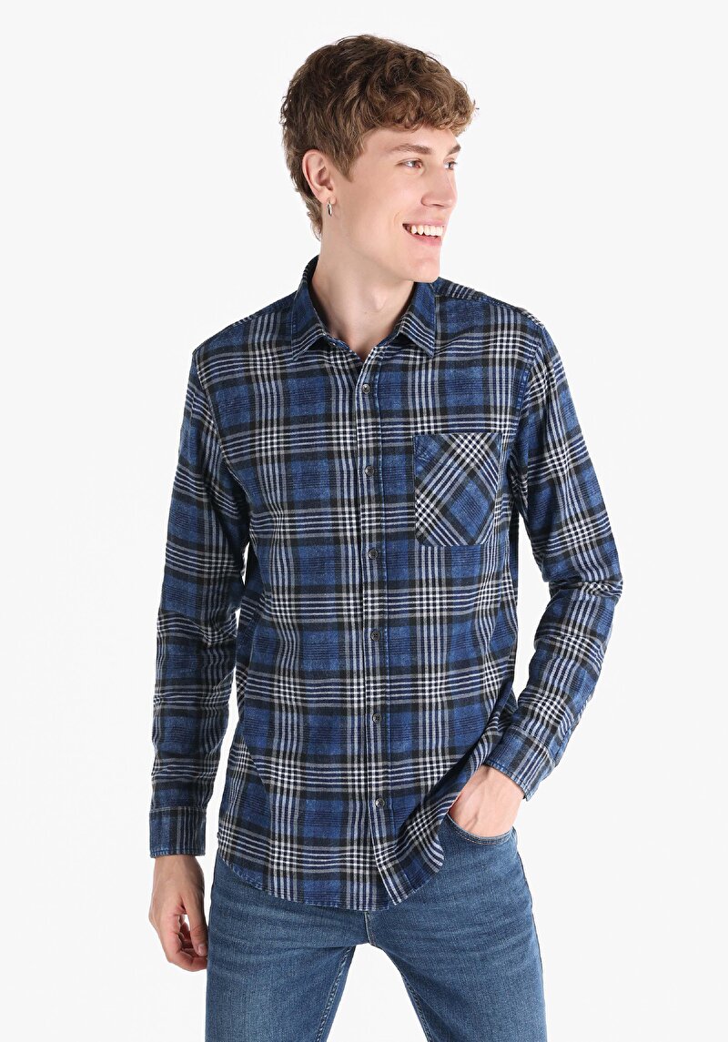 Imagine a Cămașă Cu Gât În Carouri Cămașă Cu Mânecă Lungă Bleumarin Pentru Bărbați