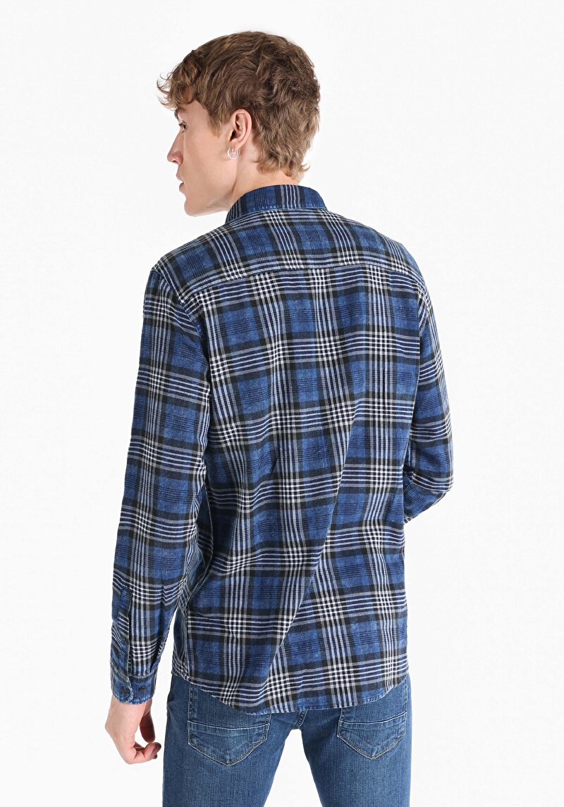Imagine a Cămașă Cu Gât În Carouri Cămașă Cu Mânecă Lungă Bleumarin Pentru Bărbați