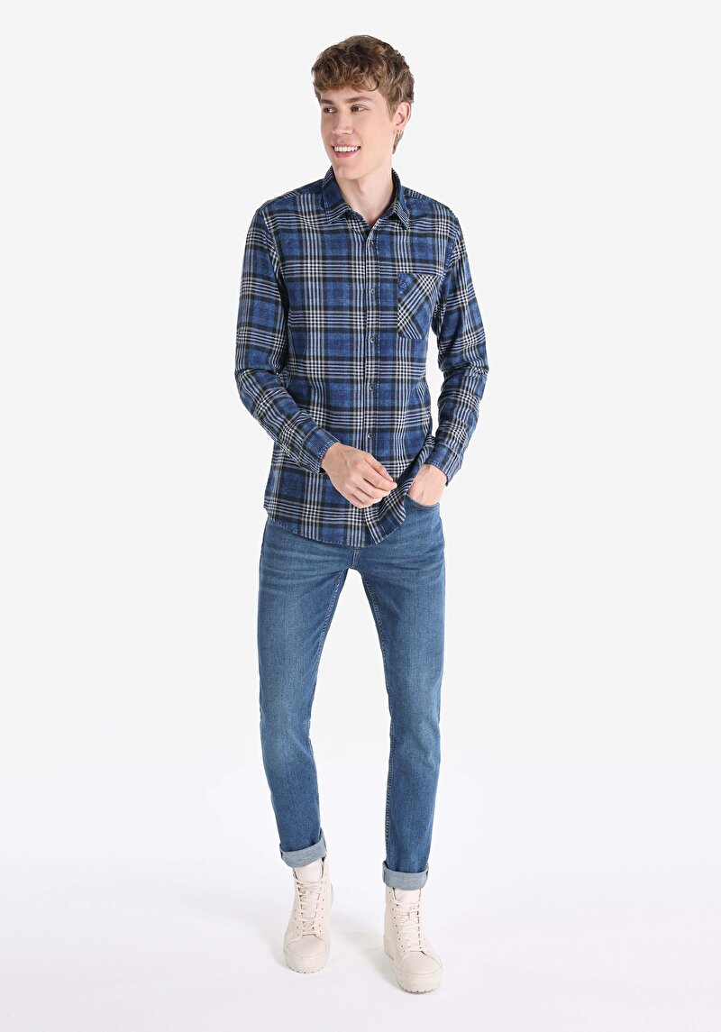 Afișați detalii pentru Cămașă Cu Gât În Carouri Cămașă Cu Mânecă Lungă Bleumarin Pentru Bărbați