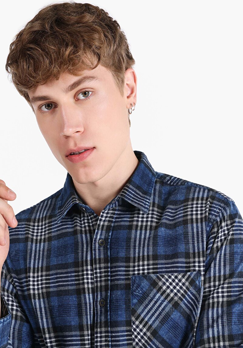 Afișați detalii pentru Cămașă Cu Gât În Carouri Cămașă Cu Mânecă Lungă Bleumarin Pentru Bărbați