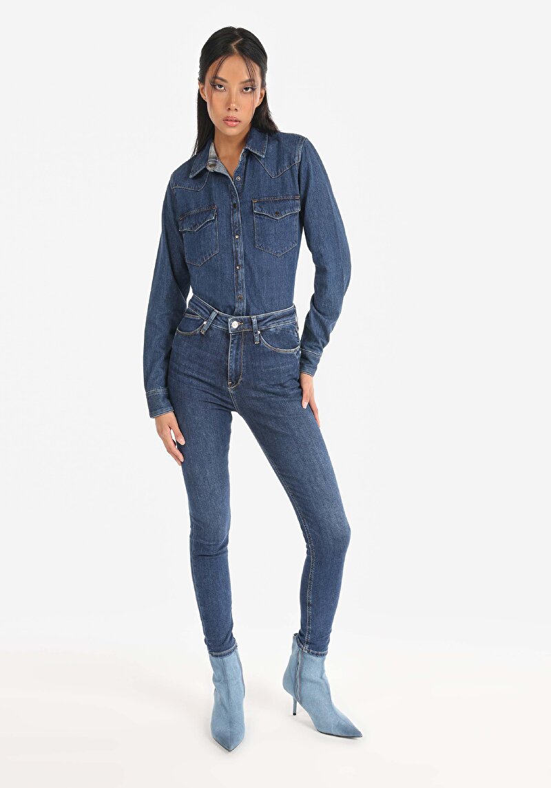 Imagine a Skinny Fit Talie Înaltă Picior Îngust Blugi İndigo Pentru Femei