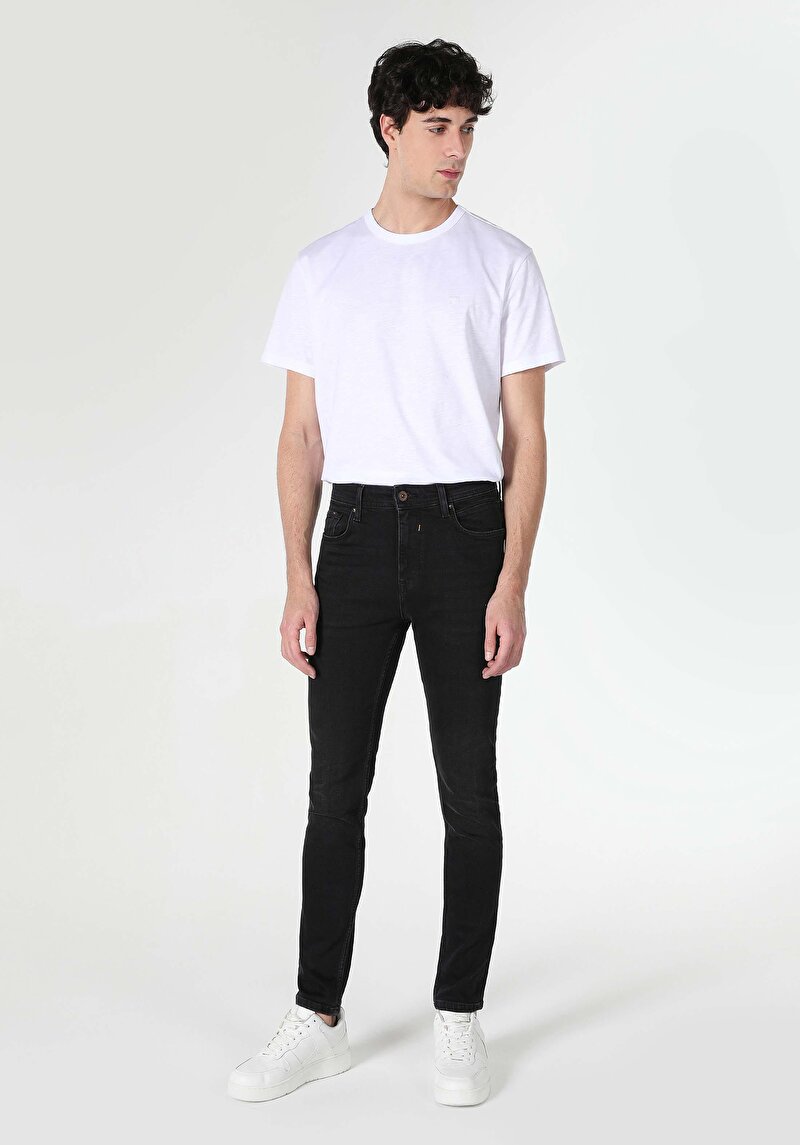 Imagine a Skinny Fit Talie Talie Picior Îngust Blugi Negri Pentru Bărbați