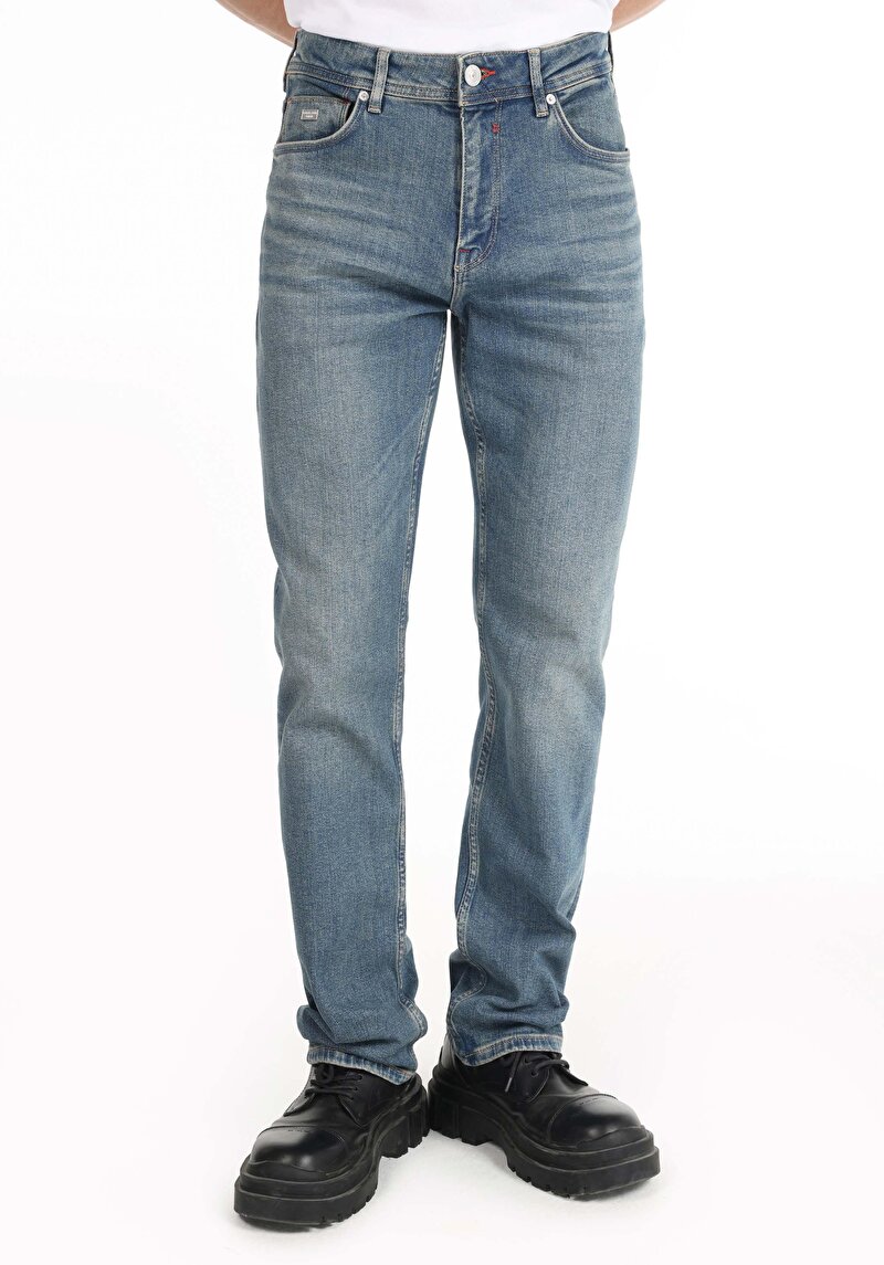 Afișați detalii pentru Regular Fit Talie Medie Picior Drept Blugi Indigo Pentru Bărbați