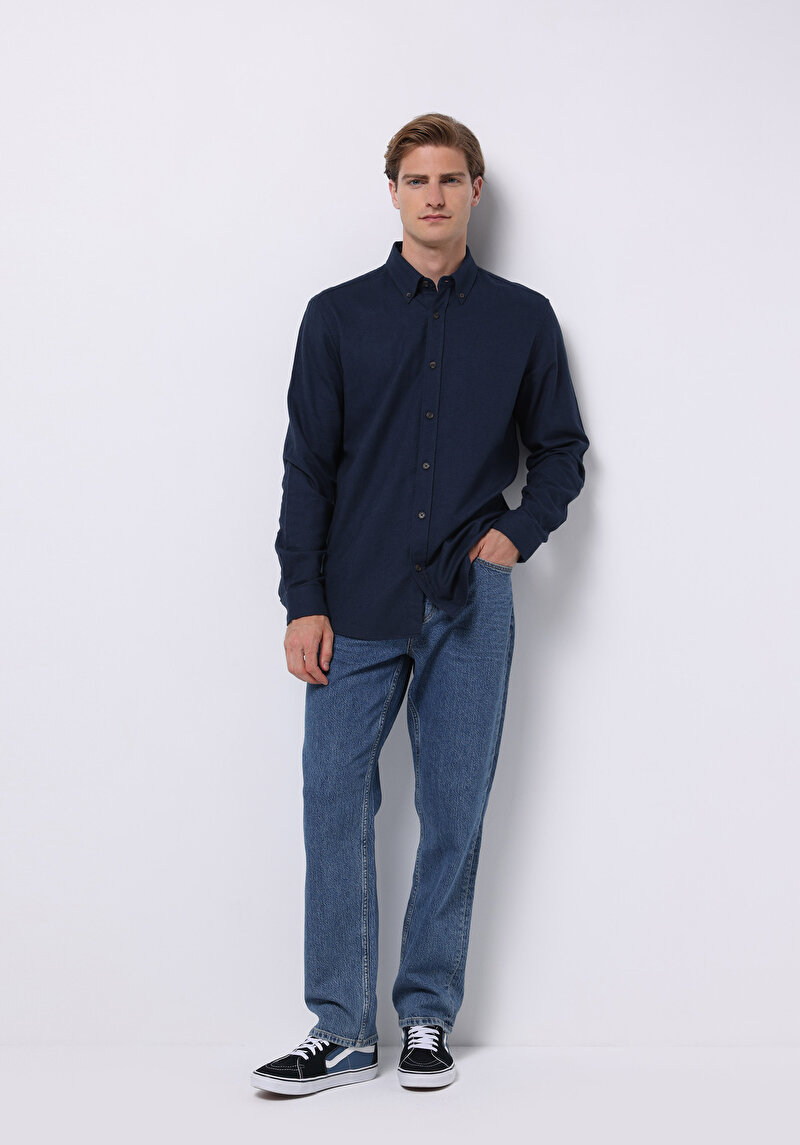 Imagine a Regular Fit Cămașă Gât Drept Bărbați Bleumarin Cămașă Cu Mânecă Lungă