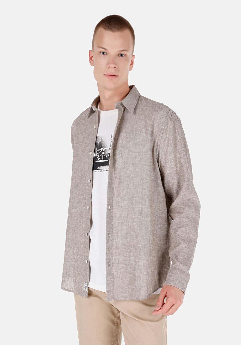 Imagine a Cămașă Comfort Fit Neck Drept Bărbați Maro Cămașă Cu Mânecă Lungă