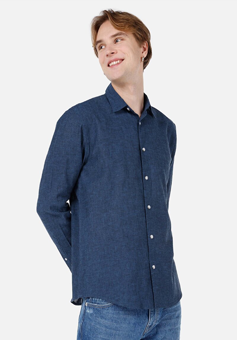Imagine a Cămașă Comfort Fit Decolteu Drept Bărbați Bleumarin Cămașă Cu Mânecă Lungă