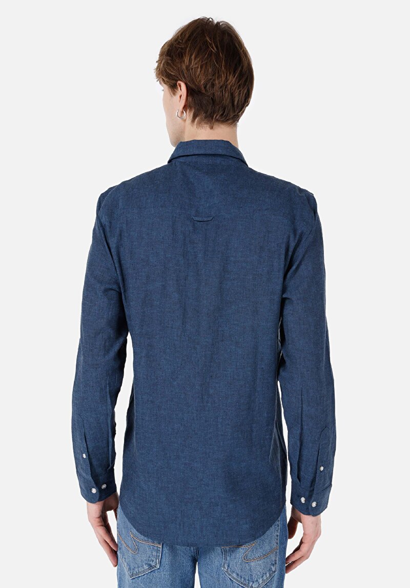 Imagine a Cămașă Comfort Fit Decolteu Drept Bărbați Bleumarin Cămașă Cu Mânecă Lungă