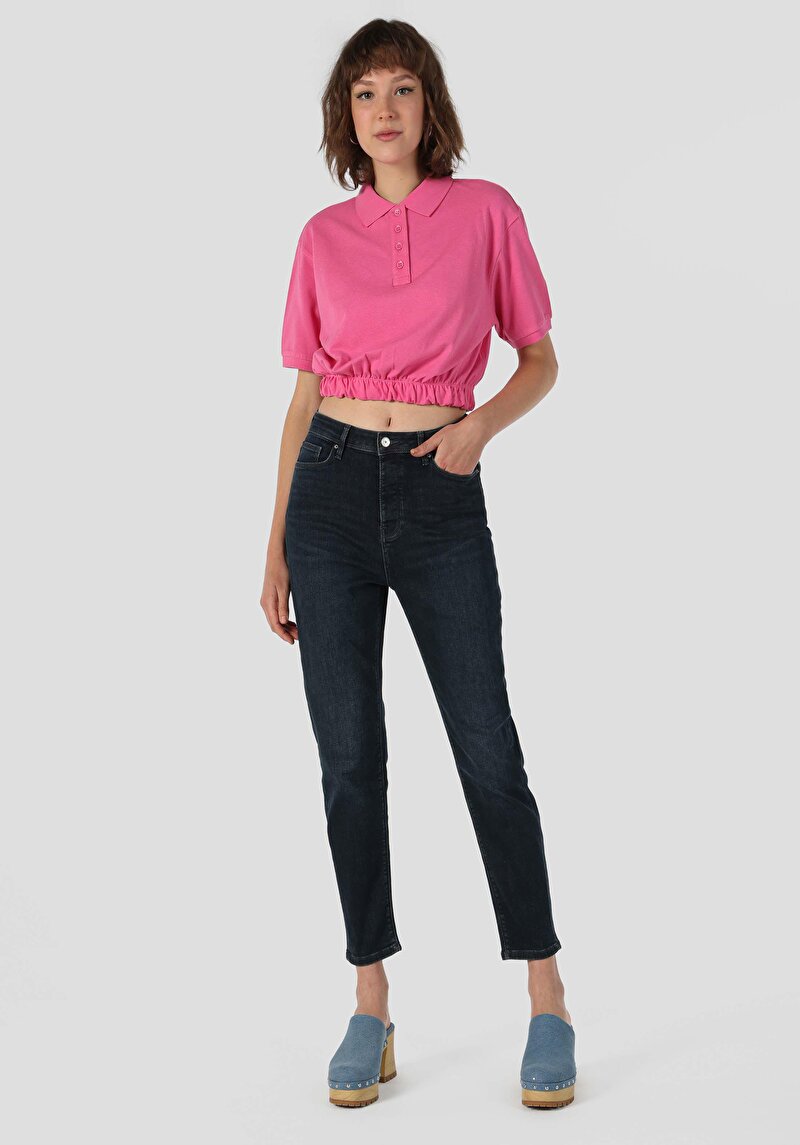 Afișați detalii pentru Mom Fit Rising Waist Shrinking Leg Blugi İndigo Închis Pentru Femei