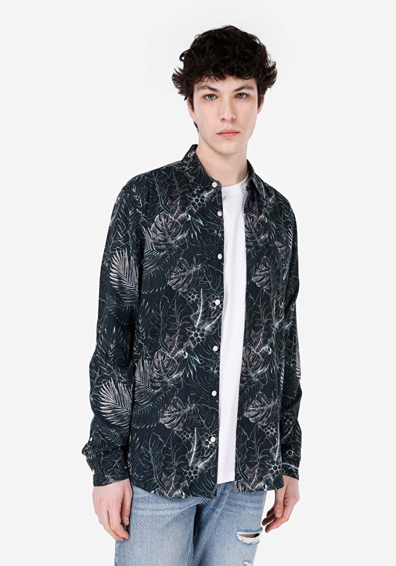 Imagine a Cămașă Cu Gât İmprimat Cămașă Cu Mânecă Lungă Verde Pentru Bărbați