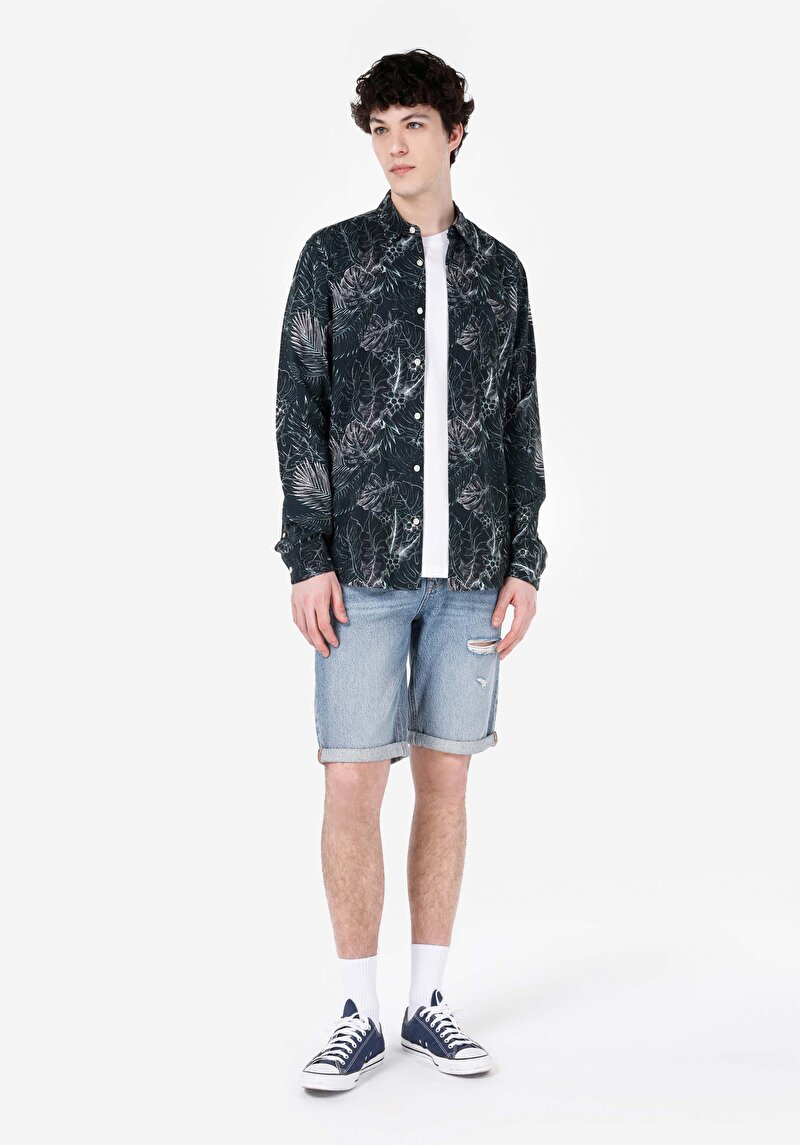 Afișați detalii pentru Cămașă Cu Gât İmprimat Cămașă Cu Mânecă Lungă Verde Pentru Bărbați