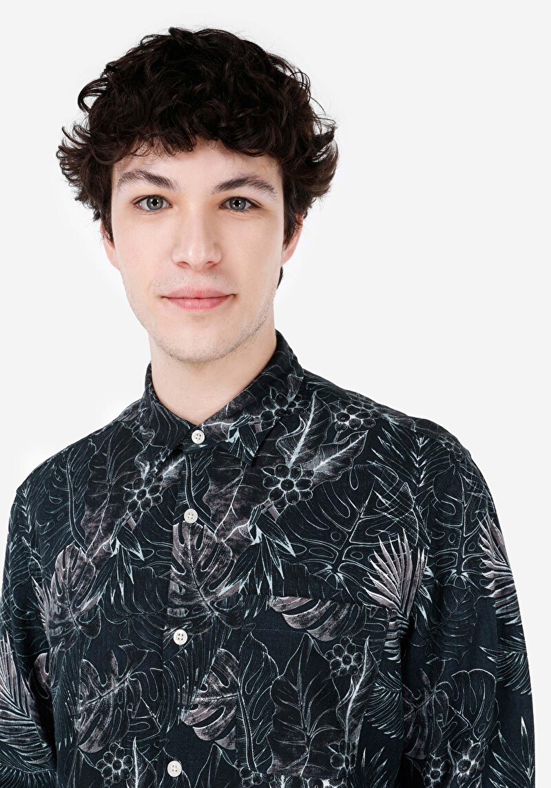 Afișați detalii pentru Cămașă Cu Gât İmprimat Cămașă Cu Mânecă Lungă Verde Pentru Bărbați