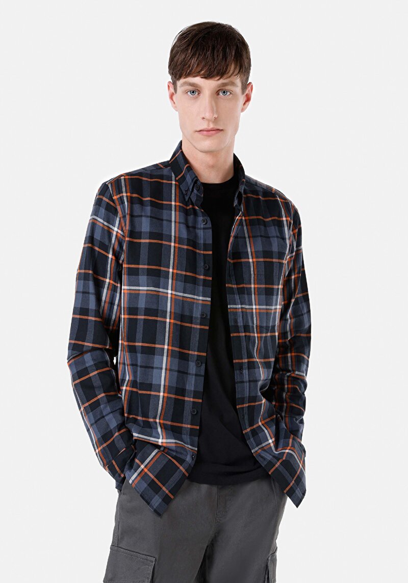 Imagine a Cămașă Slim Fit Gât În Carouri Cămașă Neagră Cu Mânecă Lungă Pentru Bărbați