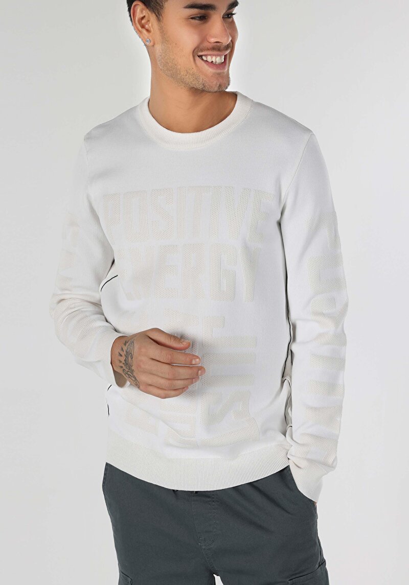 Afișați detalii pentru Pulover Alb Pentru Bărbați Regular Fit Round Neck Jacquard