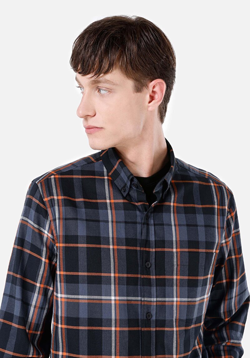 Afișați detalii pentru Cămașă Slim Fit Gât În Carouri Cămașă Neagră Cu Mânecă Lungă Pentru Bărbați