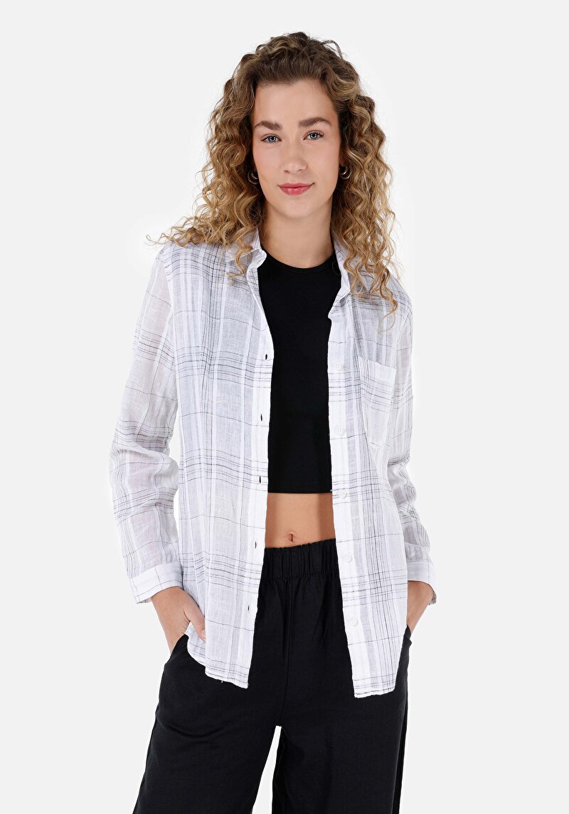 Imagine a Cămașă Regular Fit Gât În Carouri Cămașă Albă Cu Mânecă Lungă Pentru Femei