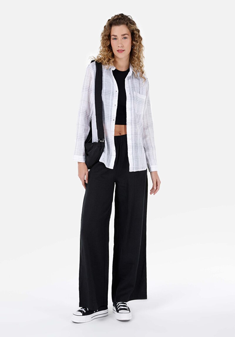 Afișați detalii pentru Cămașă Regular Fit Gât În Carouri Cămașă Albă Cu Mânecă Lungă Pentru Femei