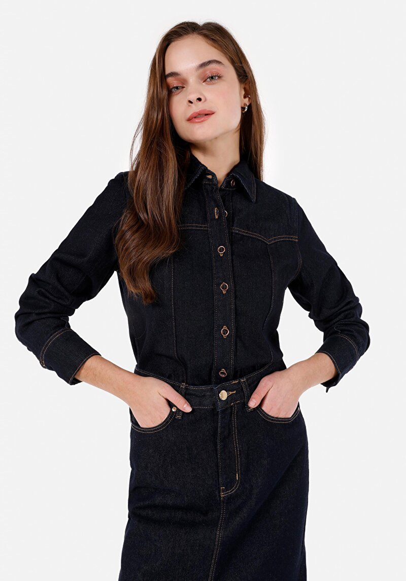 Imagine a Regular Fit Classic Collar Cămașă Albastră Cu Mânecă Lungă Pentru Femei