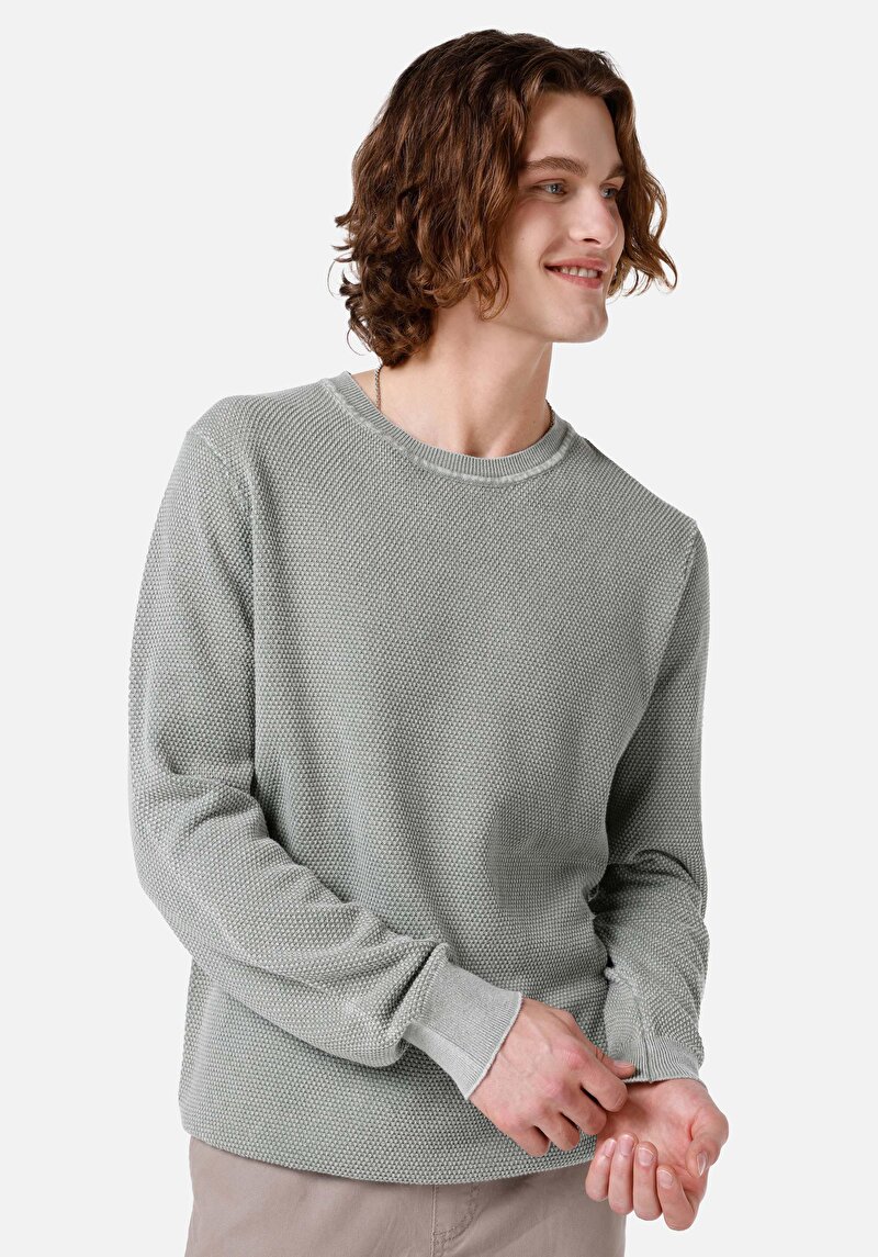 Imagine a Pulover Verde Pentru Bărbați Regular Fit Round Neck Jacquard