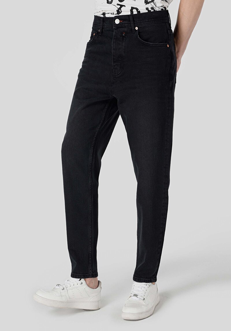 Imagine a Loose Tapered Fit Super High Waist Shrink Leg Blugi Gri Pentru Bărbați