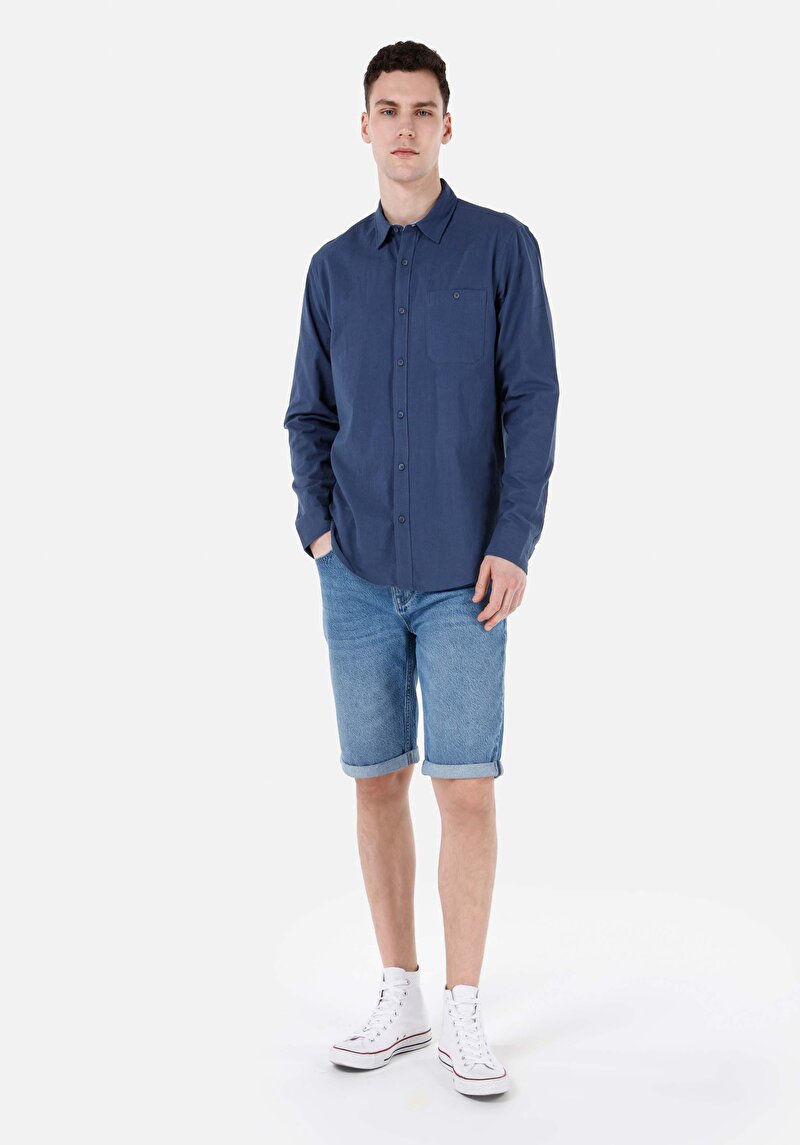 Afișați detalii pentru Cămașă Cu Gât Drept Cămașă Albastră Cu Mânecă Lungă Pentru Bărbați