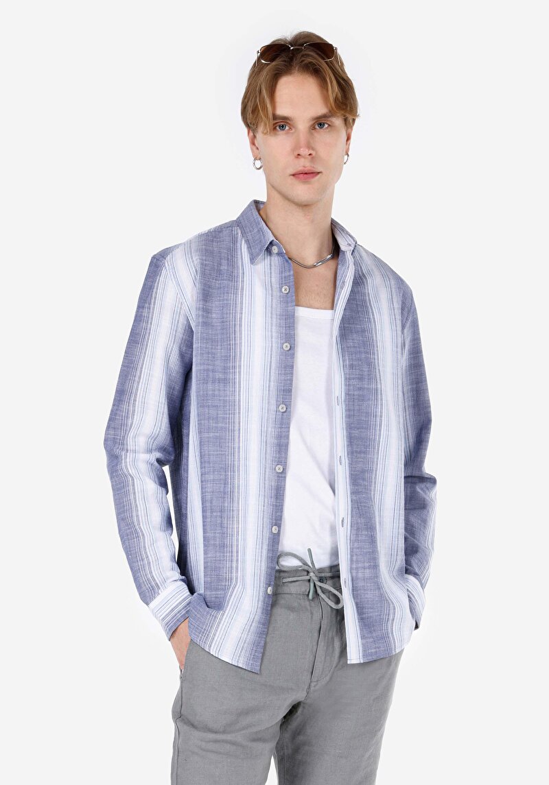 Imagine a Cămașă Cu Dungi Cămașă Cu Mânecă Lungă Bleumarin Pentru Bărbați